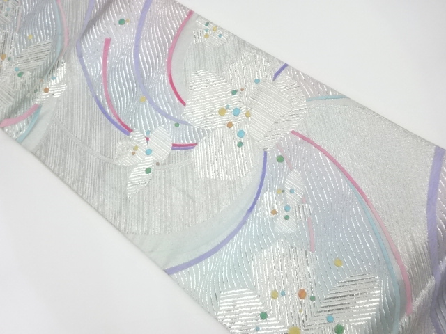 曲線に花々模様織出し袋帯